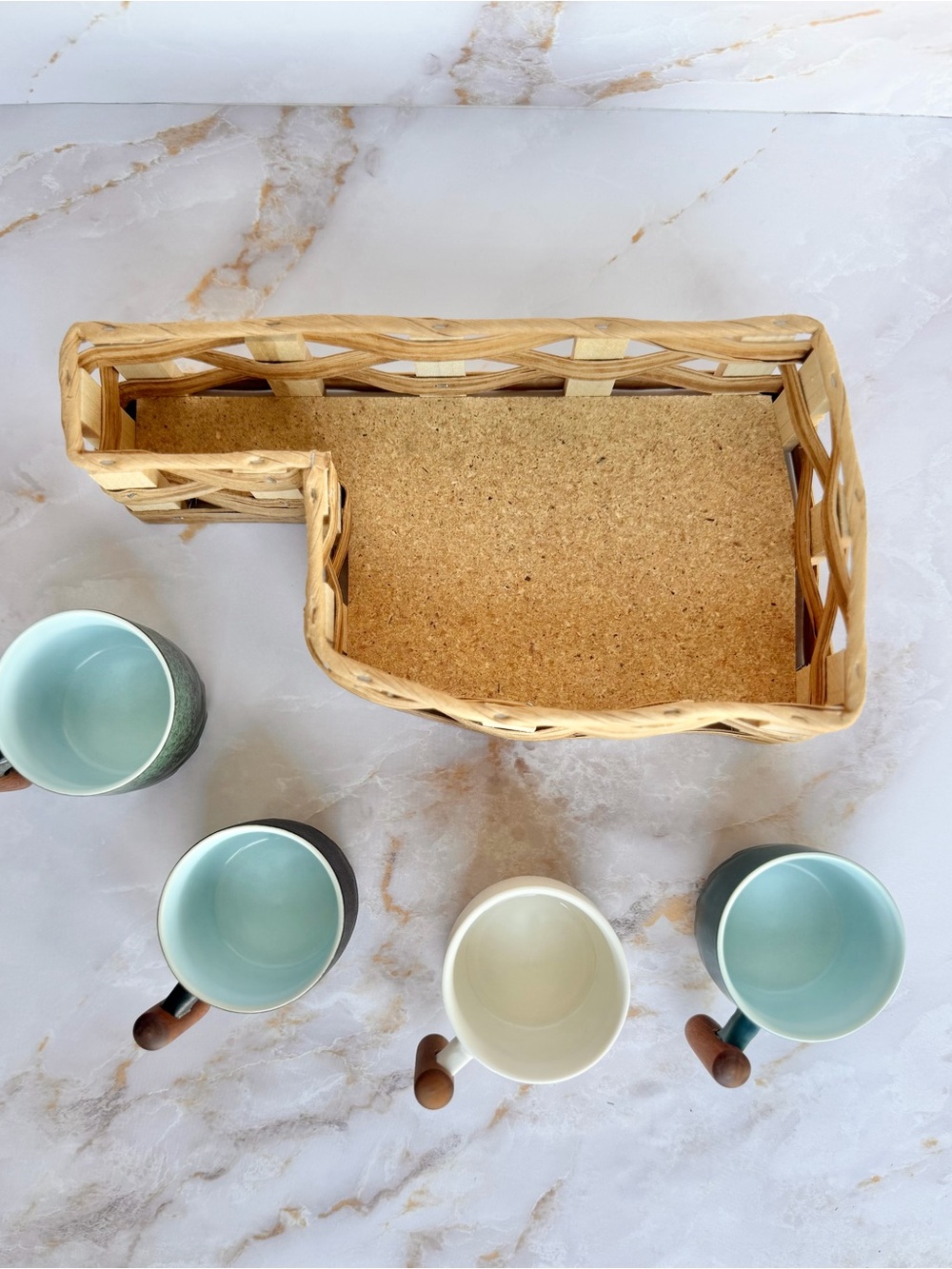 Oklahoma Shaped Woven Rattan Basket with Cork Base and Mini Ceramic Mugs